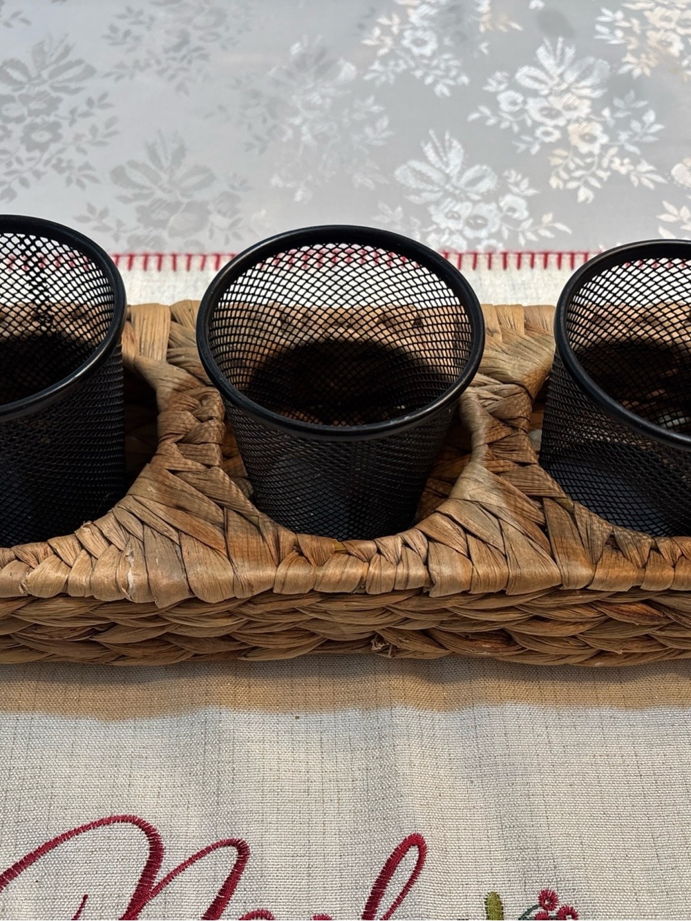 Woven Wicker Basket Organizer w/3 Metal Mesh Compartments Brown/Black 14" x 5"